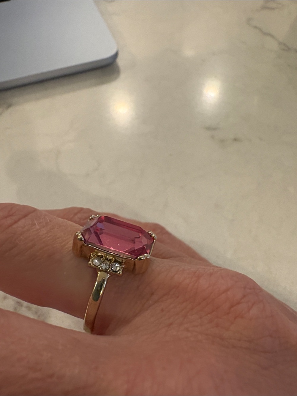 Pink Statement Emerald-Cut Ring with Gold Band - Picture 2 of 5